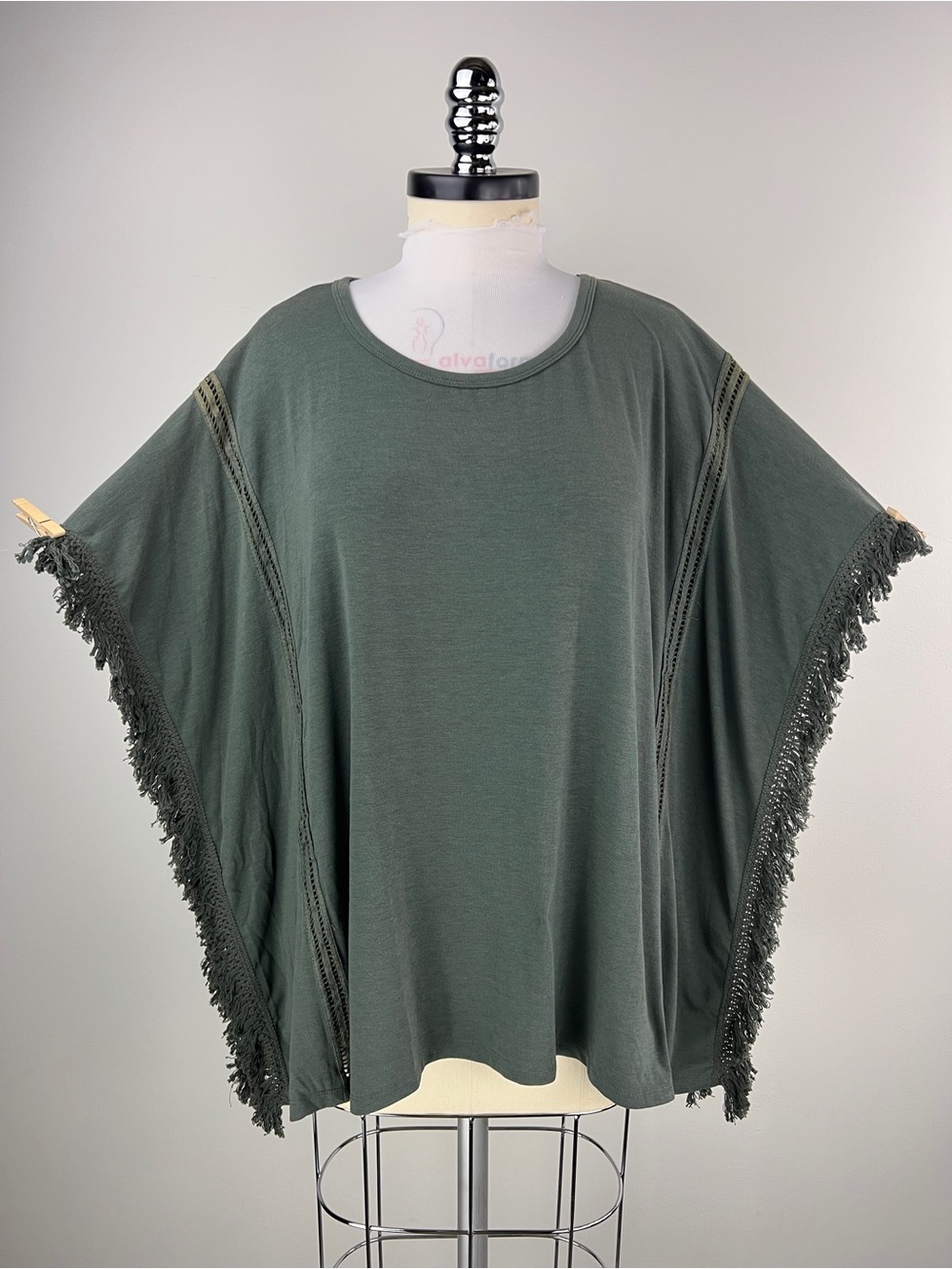 💚 3923. Fringed Olive Green Poncho Top